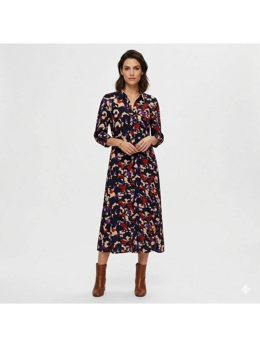 *Selected Femme Black Long-Sleeve Floral Midi Dress Abstract Print Sz 34